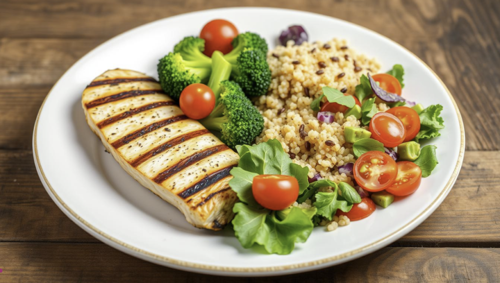 a plate of food with a grilled chicken and vegetables