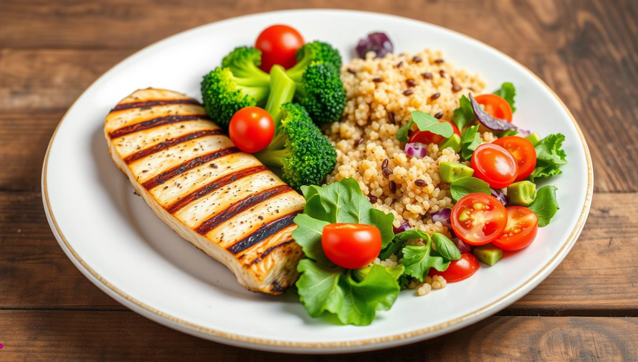 a plate of food with a grilled chicken and vegetables