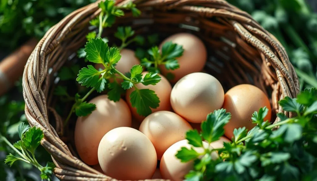 a basket of eggs with green leaves