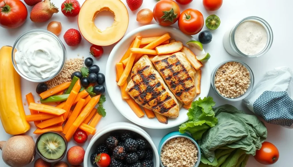 a plate of food with different fruits and vegetables