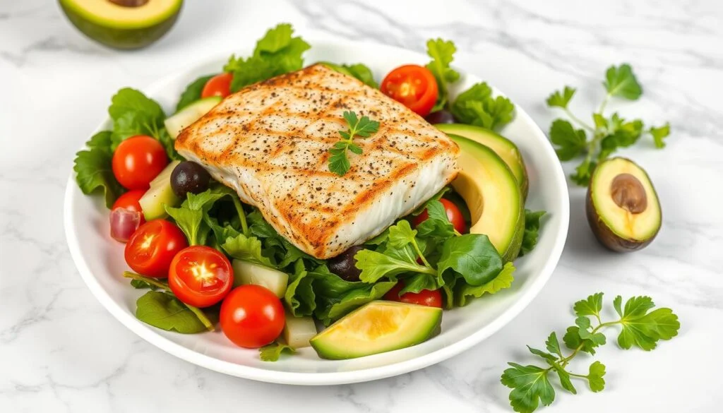 Keto Lunch Crispy Sea Bass Salad with Garden Greens 4@www.burnbodyfatdaily.wepb