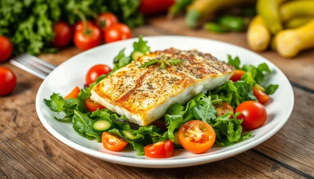 Keto Lunch Crispy Sea Bass Salad with Garden Greens 5@www.burnbodyfatdaily.wepb