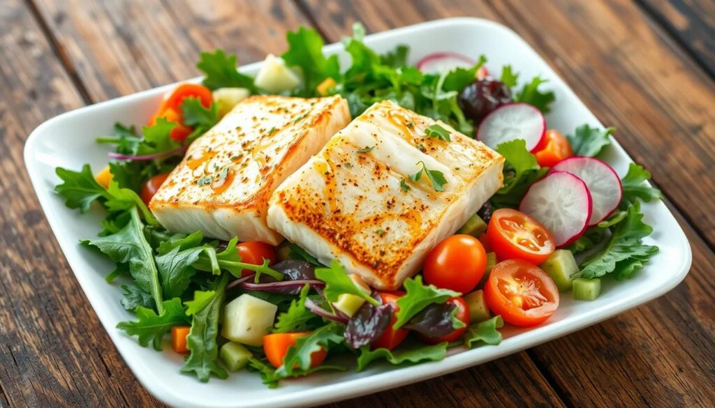 Keto Lunch Crispy Sea Bass Salad with Garden Greens 6@www.burnbodyfatdaily.wepb